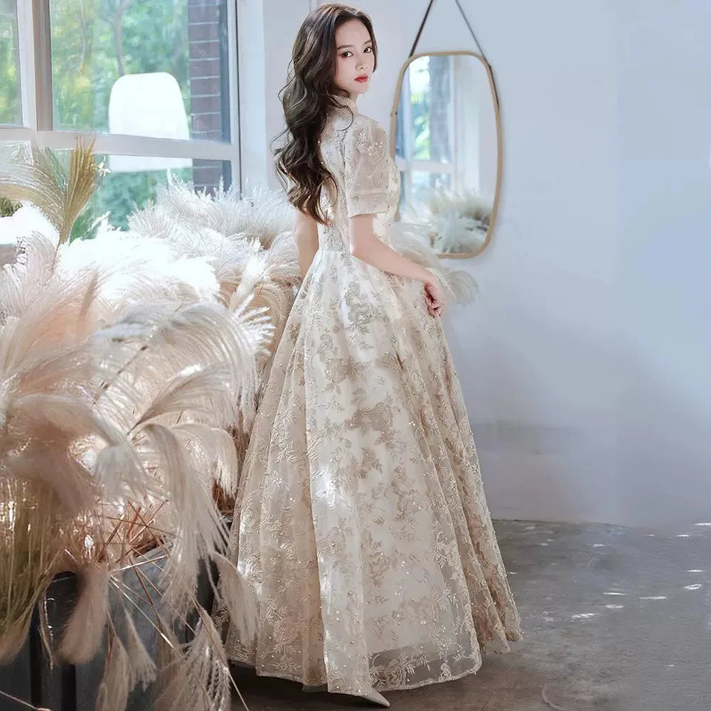 Elegant High Collar Evening Prom Bridesmaid Banquet Party Ball Dress Gown Short Sleeve Flower Embroidery Appliques Formal Dress