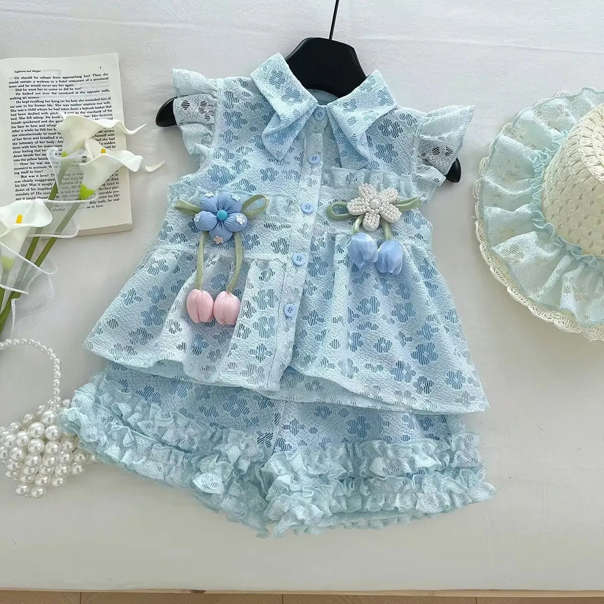Summer Girls' Suit New Lace Flower Vest Top Lace Shorts Pants Girl Baby Princess Kids Fashion Two Piece Set