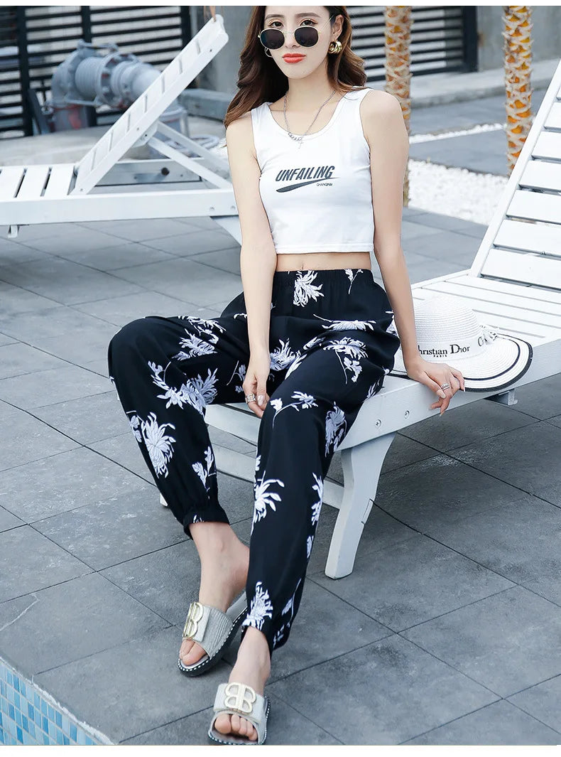 Women's Mosquito-proof Cotton Silk Beach Summer Casual Flower Pants Artificial Cotton Summer Sleeping Pants Thin Adult Bloomers