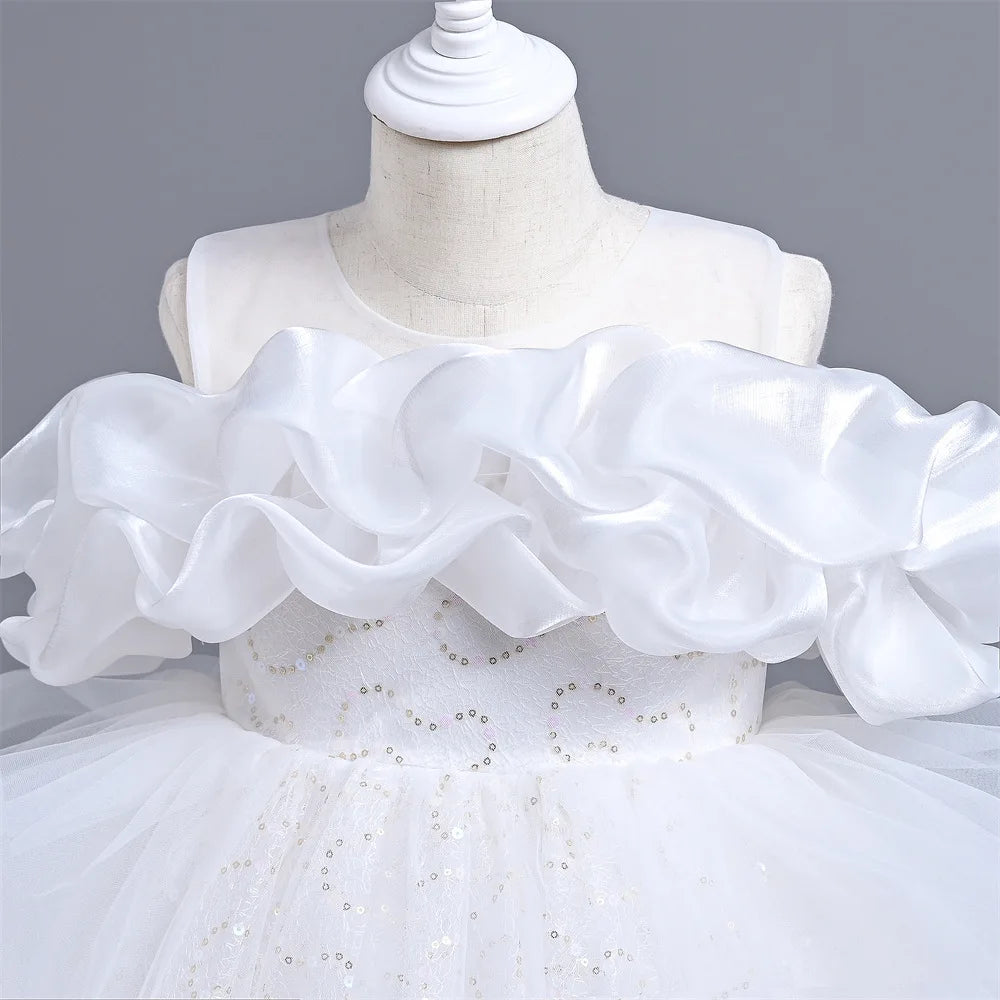 New Girl's Wedding Evening Dress Petal Sequin Mesh Sleeveless Dress Birthday Party School Graduation Party Dress