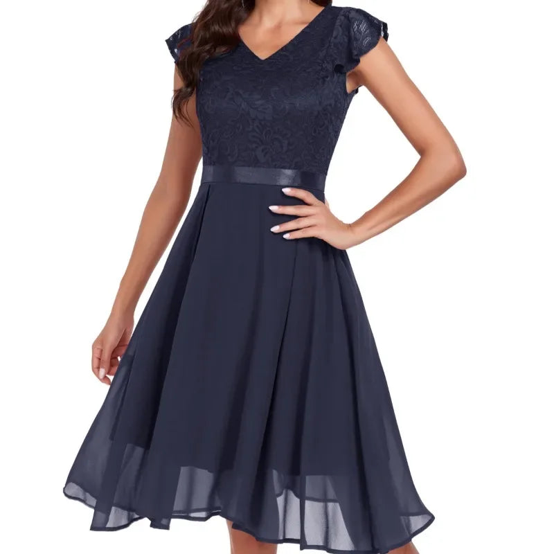 New Women'S Party Dresses Short Sleeve Lace Mid Length Dresses Soild Formal Evening Dress Fine Woman Summer Elegant Dress