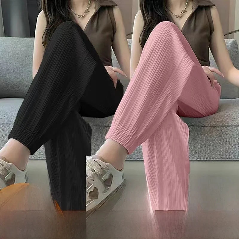 High Waist Lantern Pants Women's Loose Fit Summer Spor Casual Thin Ice Silk Drapey Two-Piece Set Commute Sle Korean Faion