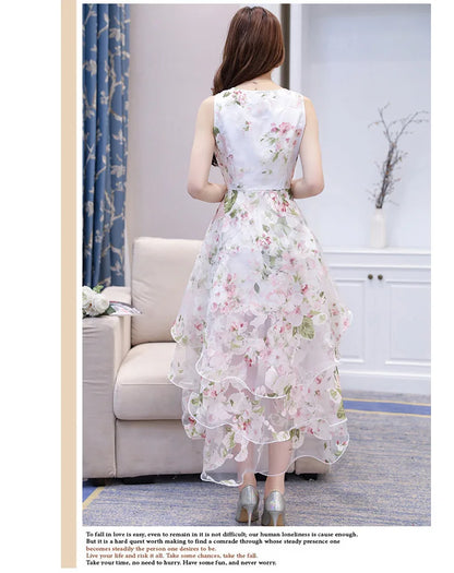 Summer High Low Retro Dress Vintage Women Sleeveless Front Back Short Long Organza Lace Dress Ladies Elegant Party Dress