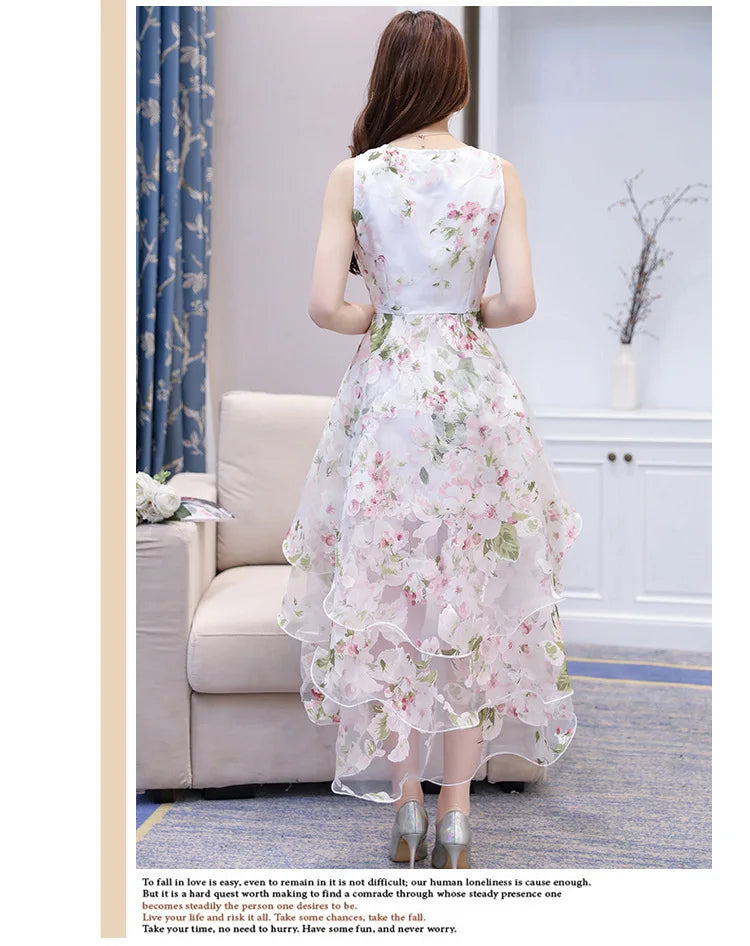 Summer High Low Retro Dress Vintage Women Sleeveless Front Back Short Long Organza Lace Dress Ladies Elegant Party Dress