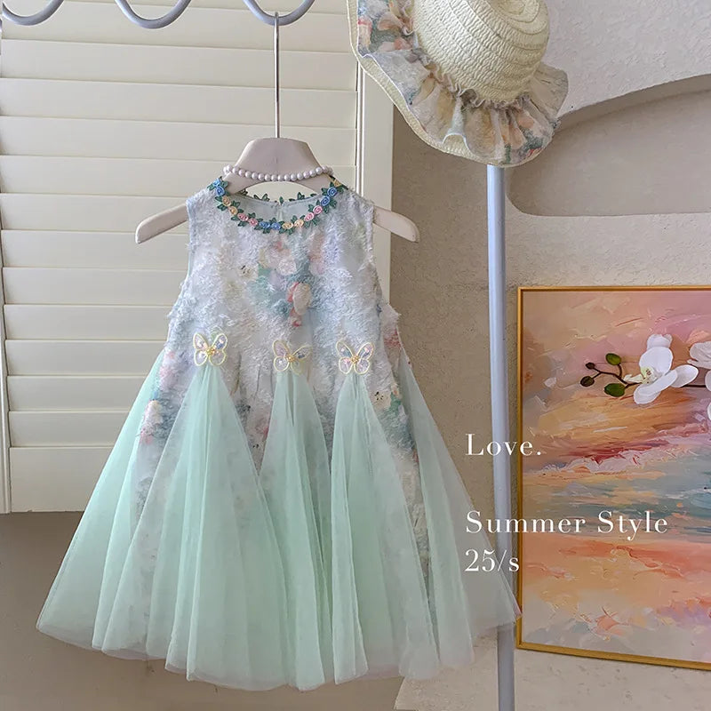 Girls Dress Summer  New Tank Top Dress Children Holiday Children Baby Beautiful Puff Princess Dress