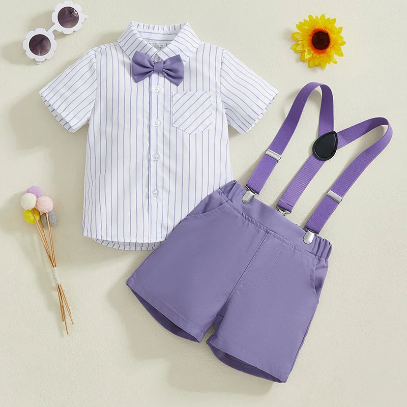 Boy Gentleman Outfit Vertical Stripe Print Short Sleeves Shirt with Bow Tie and Suspender Shorts Set for Formal Wear