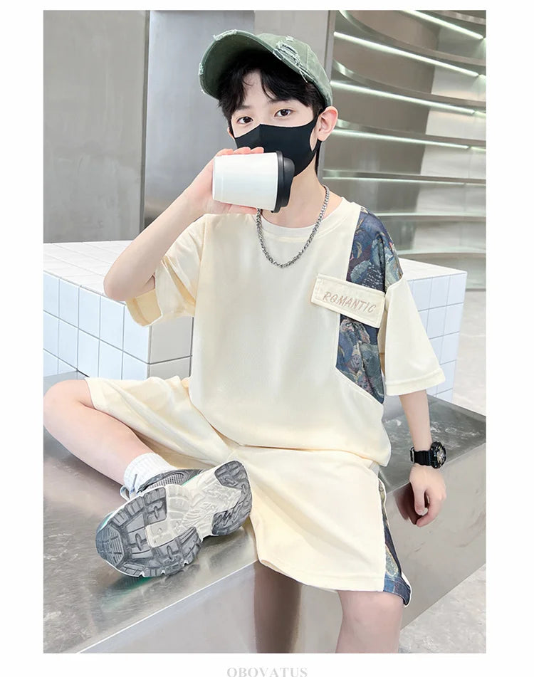 Boys Summer Suit Kids Short Sleeve T-Shirt Sports Casual Outfits for Teenage Boy Clothing Sets With Cartoon Bear