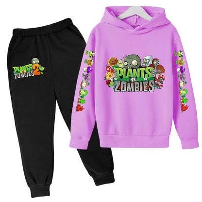 Kids Hooded Pullover Popular Game Plants vs. Monster Print Boys/Girls Top/Pants 3-13Y Casual Fun Sports Charming  Clothing Set