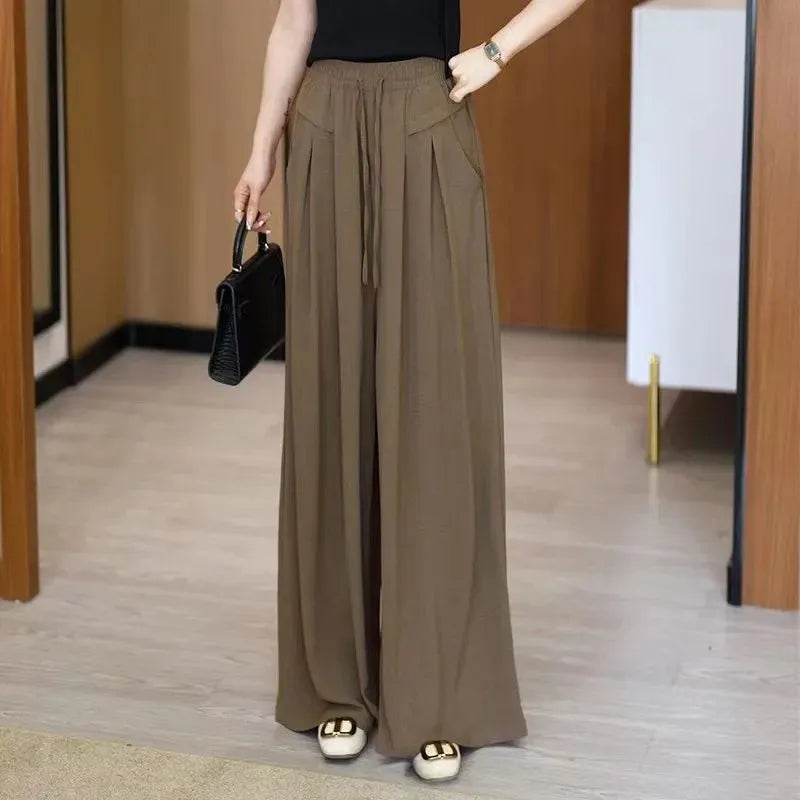 Summer Ice Silk Wide Leg Pants Women's Loose Casual Long Trousers High Waist Korean Sle Polyester Fiber Drapey Sumi Pants