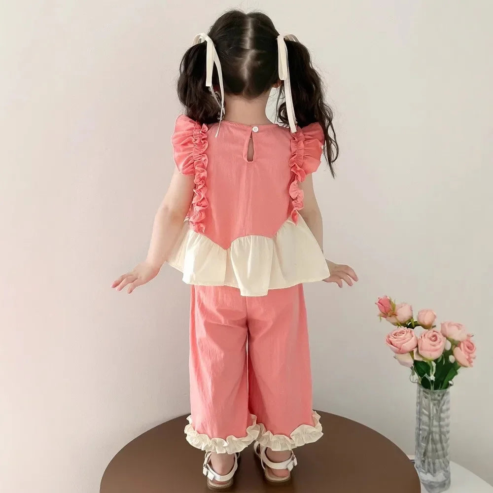 Summer Girls Fashion Cute Sleeveless O-Neck Flower Decoration Top + Pant 2 Pcs Set  Kids Casual Clothes Korean Version