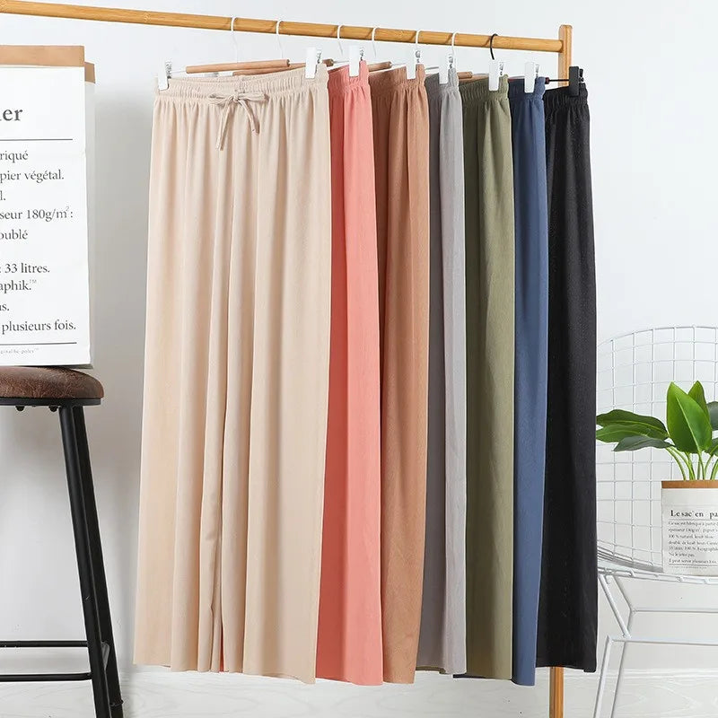 Ice Silk Wide Leg Pants Women's Summer  New High Waist Drape Loose Slimming Straight Bla Floor-Length Casual Trousers