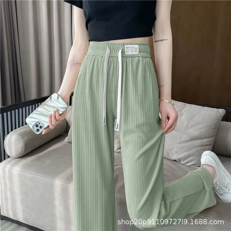 Ice Silk Wide Leg Pants Women's Spring Summer Autumn Thin High Waist Loose Straight Casual Long Trousers Comfortable Polyeste...