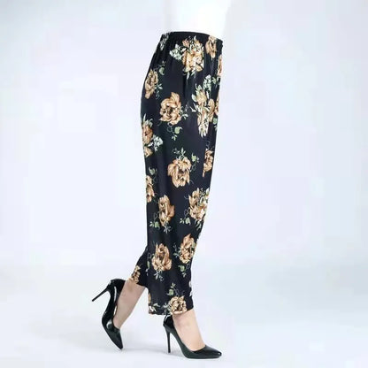 High Waist Floral Pants Straight Leg Home Leisure Women's plus Size High Elasticity Air Conditioning Pants Casual Trousers