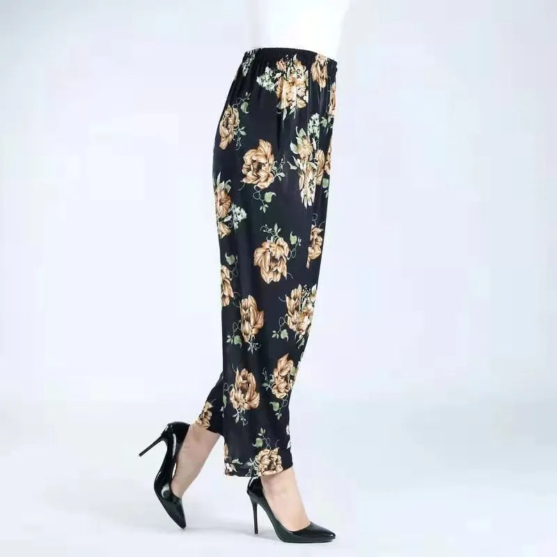 Summer Ladies Ice Silk Loose Casual Home Pants Elastic plus Size Mom Square Sports High Waist Straight Leg Length Nine Points
