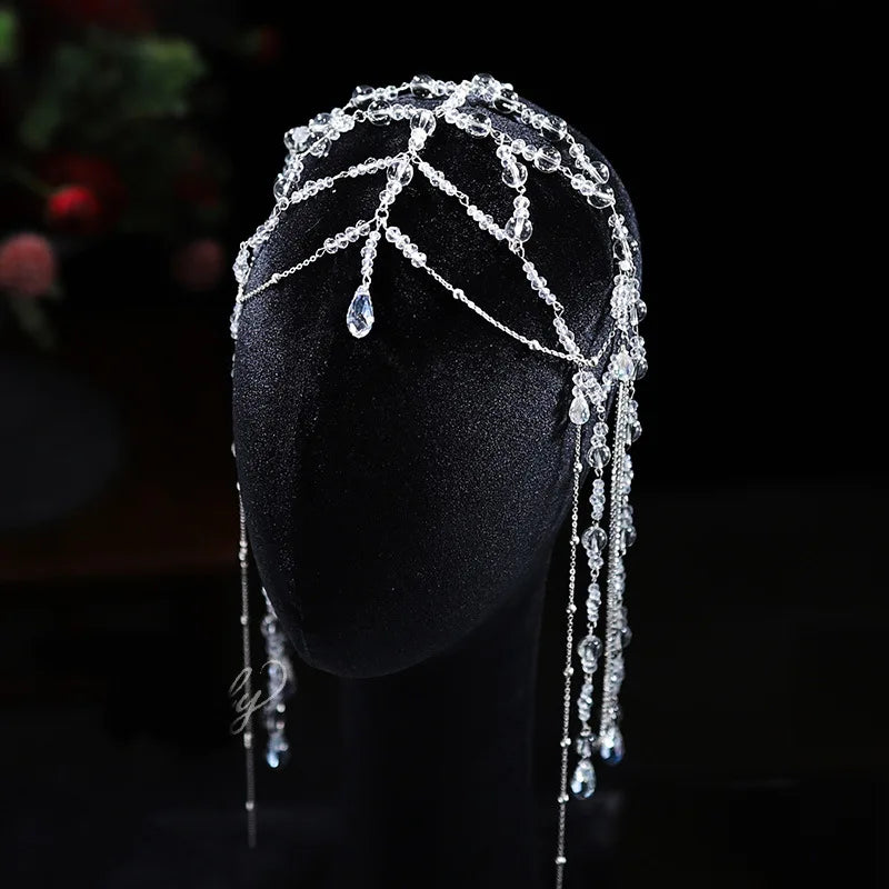 Bridal Beauty Waterdrop Headdress Crystal Forehead Chain Women Hair Jewelry Wedding Accessories Tassel Tiaras Crowns
