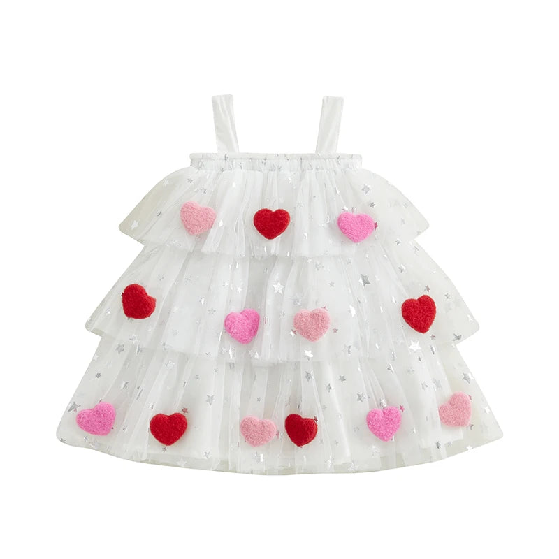 New Girls Dress Sweet Summer Kids Girl 3D Heart Tulle Dress Princess Children Sleeveless Birthday Vestidos Holiday Wear