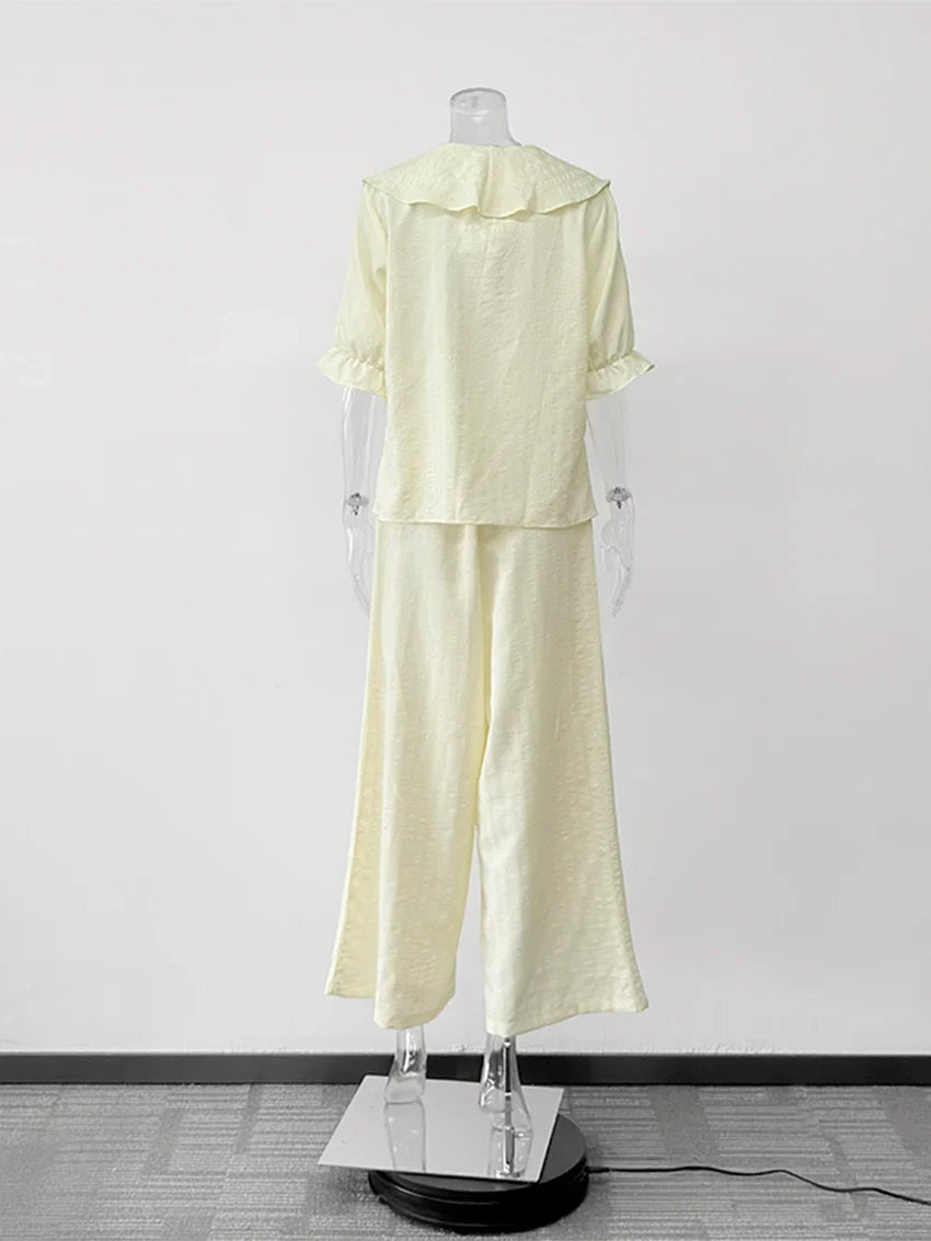 Women Linen Pajama 2 Piece Set Short Sleeve Front Ruffle Shirt PJs Pants Lounge Cute Sleepwear Casual Homewear Set