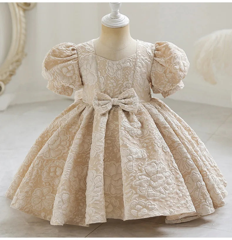 New Bubble Sleeve Girl's First Year Dress Wedding Flower Girl's Birthday Dress Bowknot Sweet Lovely Puffy Dress