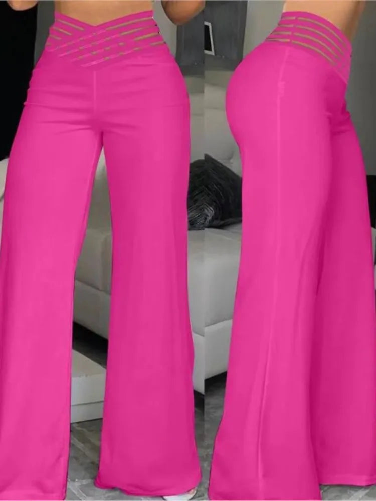 Women Wide Leg Flared Pants  Spring Casual Crisscross Sheer Mesh Patch High Waist Trousers Y2k Streetwear Elegant Work Pant