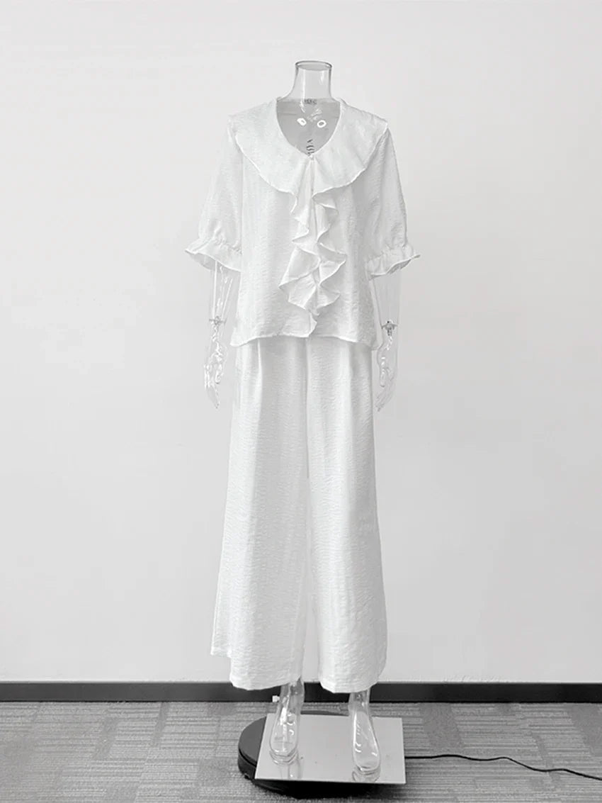 Women Linen Pajama 2 Piece Set Short Sleeve Front Ruffle Shirt PJs Pants Lounge Cute Sleepwear Casual Homewear Set