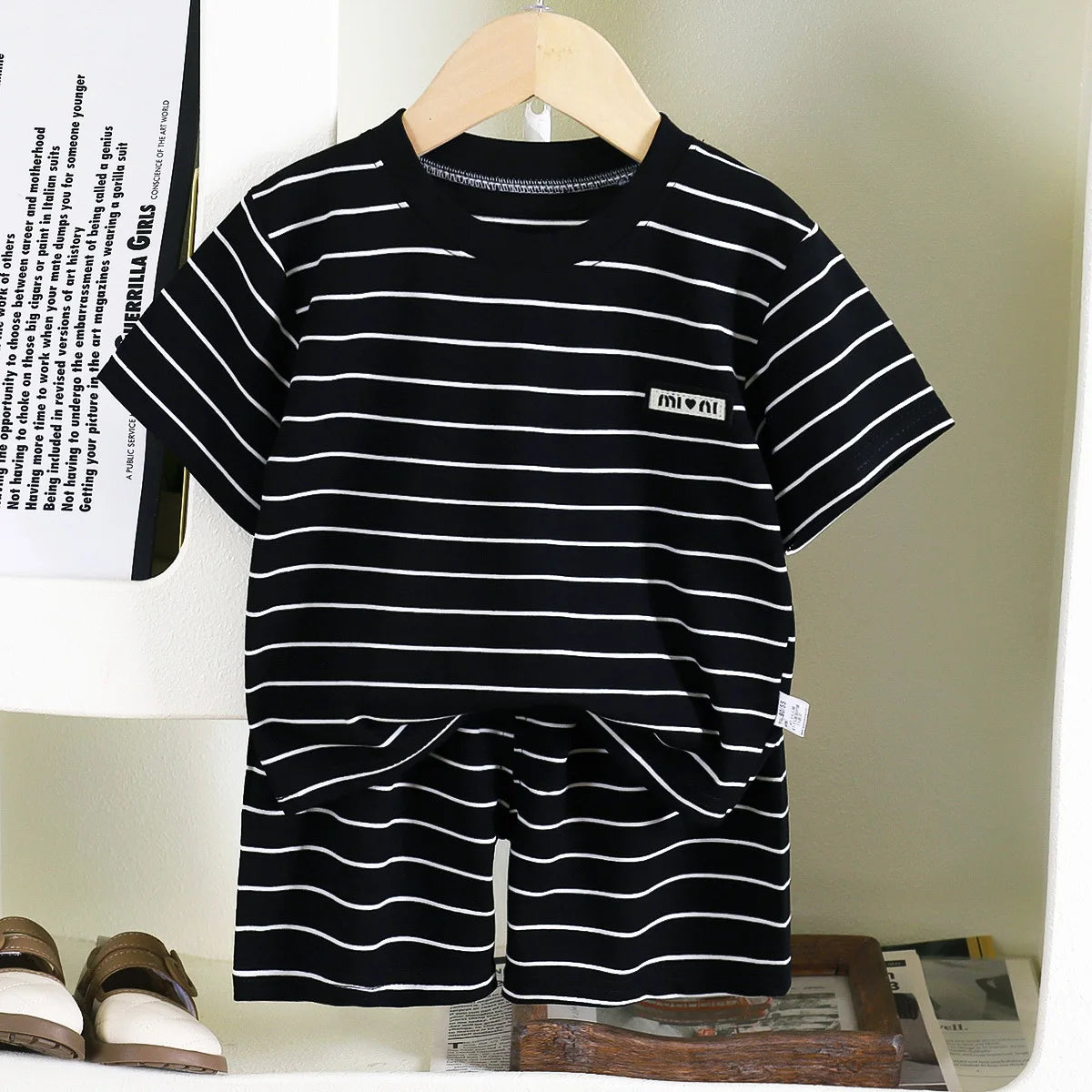 Children's short-sleeve stripe set, boys' black and white striped summer clothes, boy baby outwear short-sleeve shirt + shorts 2