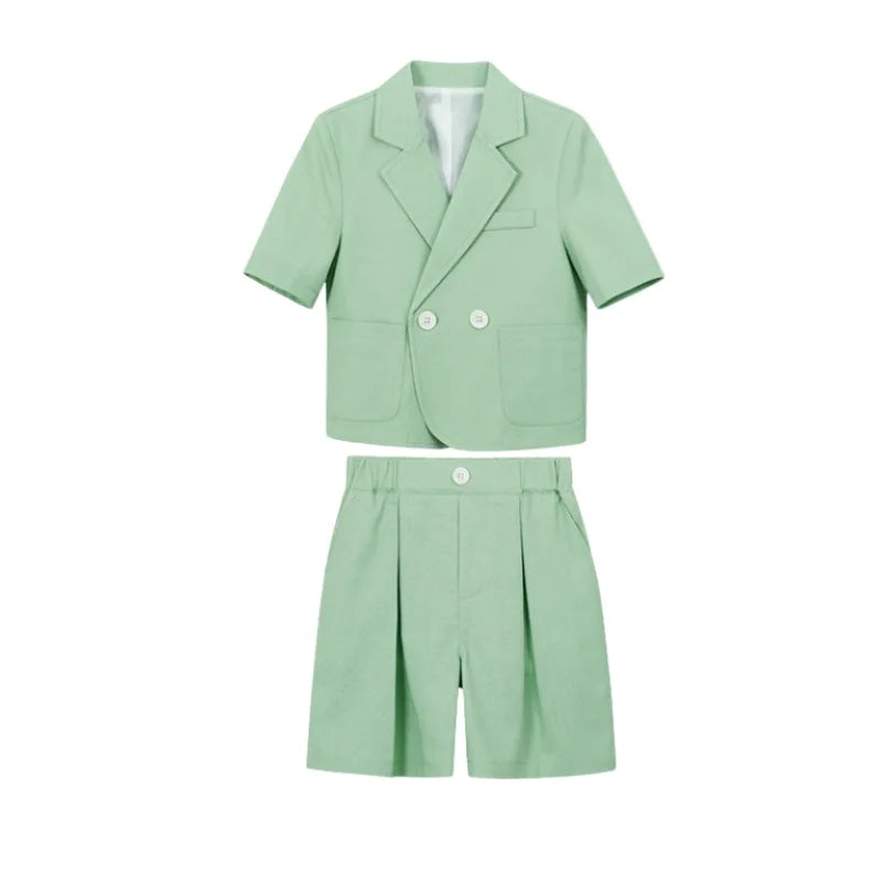 Kids Summer Short-Sleeved Wedding Suit Set Boys Blazer Pants Outfit Children's Piano Host Speech Performance Costume