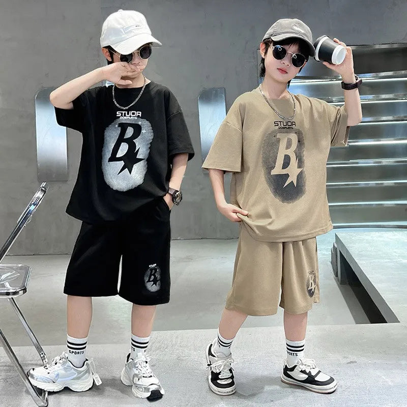 New Summer Teenager Boys Clothing Set Cotton Letter Short Sleeve T-shirt Shorts  Years Kids Tracksuits Child Cloth