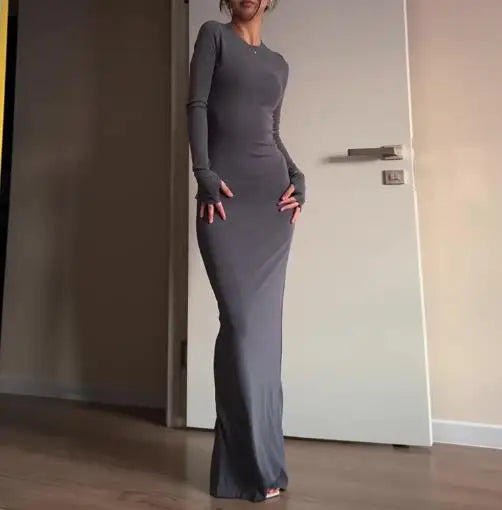 Womens Dresses 2025 Spring Autumn New Fashion Sexy Skinny Hip Hugging Comfortable Solid Color Casual Round Neck Long Dress