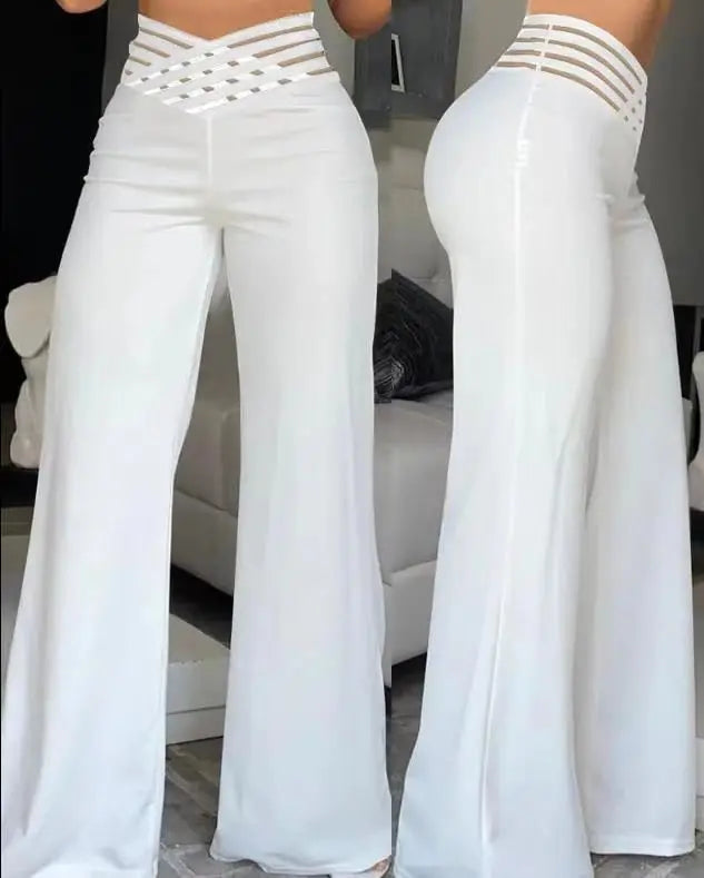 Women Wide Leg Flared Pants  Spring Casual Crisscross Sheer Mesh Patch High Waist Trousers Y2k Streetwear Elegant Work Pant