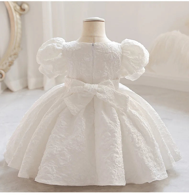New Bubble Sleeve Girl's First Year Dress Wedding Flower Girl's Birthday Dress Bowknot Sweet Lovely Puffy Dress