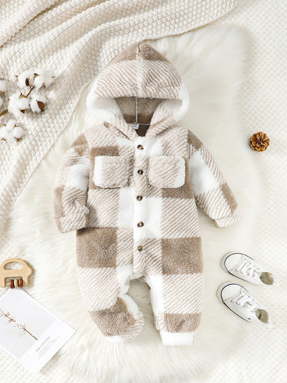 3-24 Months Newborn Baby Boy Winter Clothing Set Lattice Plush Long Sleeved Hooded Jumpsuit Fashion Cute Romper Warm Daily Wear
