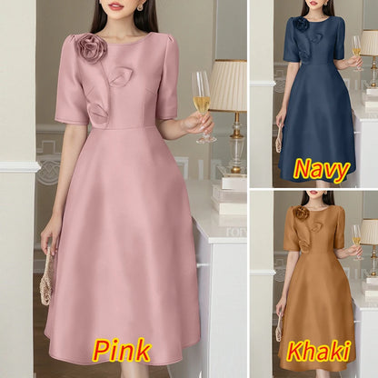 ZANZEA Elegant Woman Party Dresses Shiny Satin Round Neck Short Sleeve Fabric Flower A-line Robes Femme Fashion Midi Vestidos