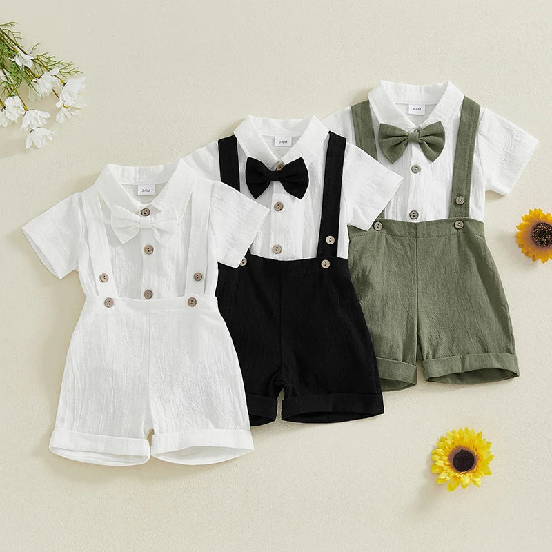 Toddler Baby Boy Gentleman Outfit Solid Color Short Sleeve Lapel Neck Romper with Suspender Shorts and Bowtie 3 Pcs Set