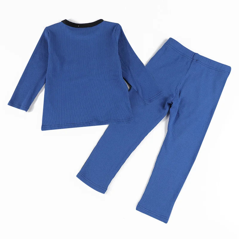 Boys pajama set blue black top and pants kids clothes for boy and girl clothing round neck winter season front velour back rib