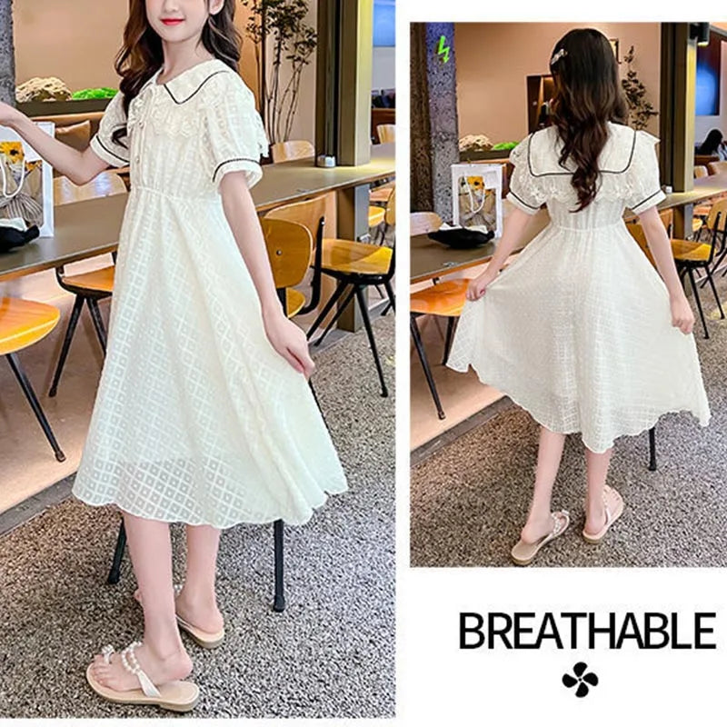 Children's Fashion Preppy Style Sailor Collar Loose Casual Robe Girls' Short Sleeve Sweet Bow Dress Children's Dresses