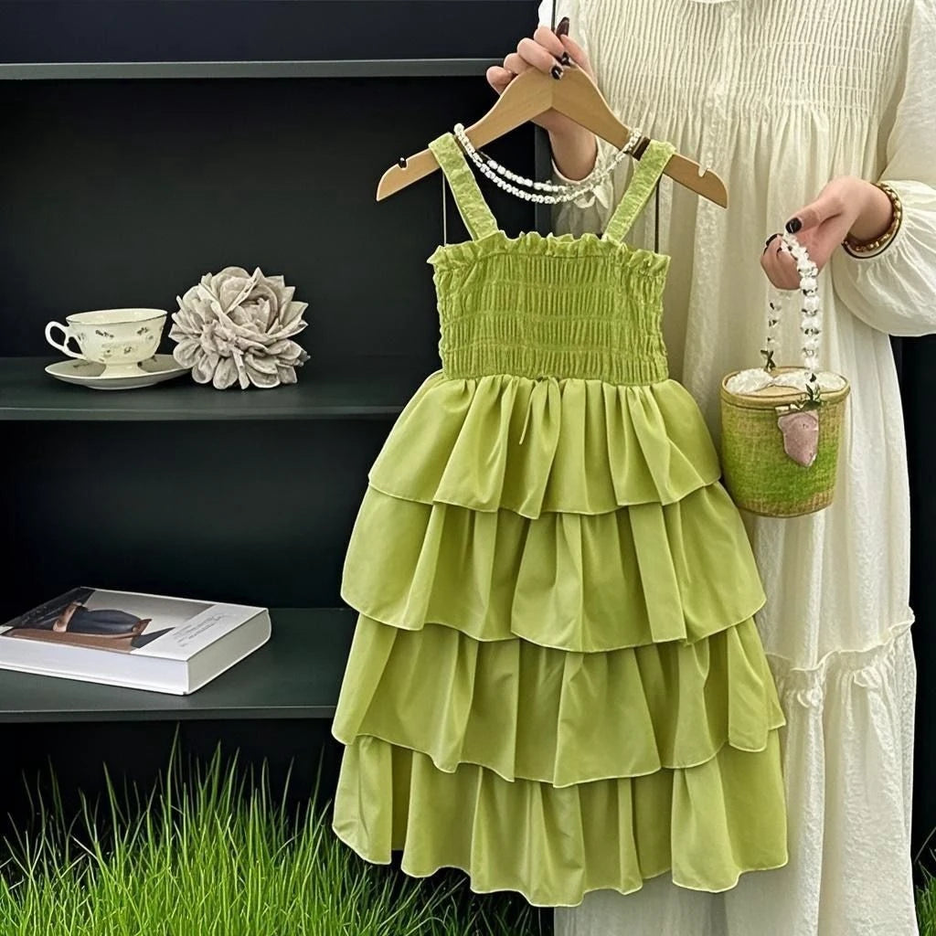 Kids Girls Summer Cake Dress  New Arrival Children Casual Multilayer Dresses Princess Sleeveless Sling Beach Rainbow Dress