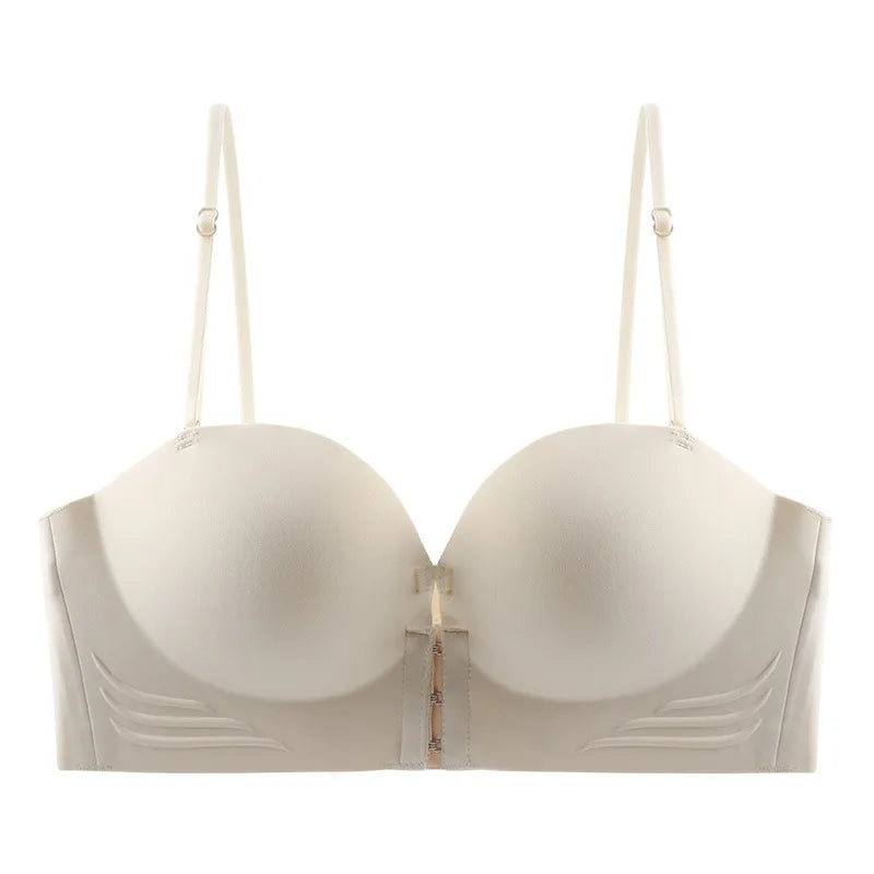 Front Closure Strapless Bras For Women Seamless Push Up Brassiere Thick Soft Underwear Solid Color Adjustable Invisible Lingerie