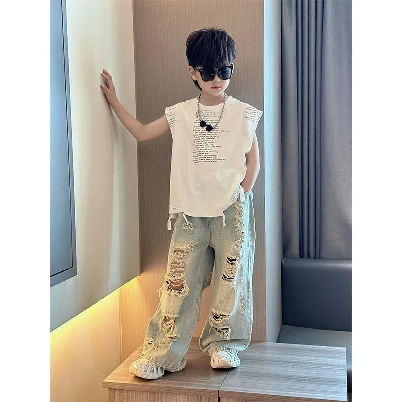 Boys' Summer Set Fashionable New Children's Casual Irregular Hole Jeans+Tank Top T-shirt 2-piece Set