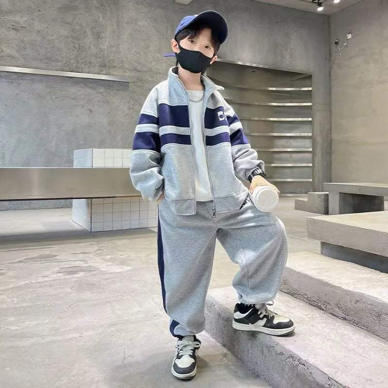 Fashion Boys Clothing Set Spring Autumn Patchwork Zipper Coat Pants 2Pcs For 4-12 Years Kids Tracksuits Teenager Casual Outfits (Available)