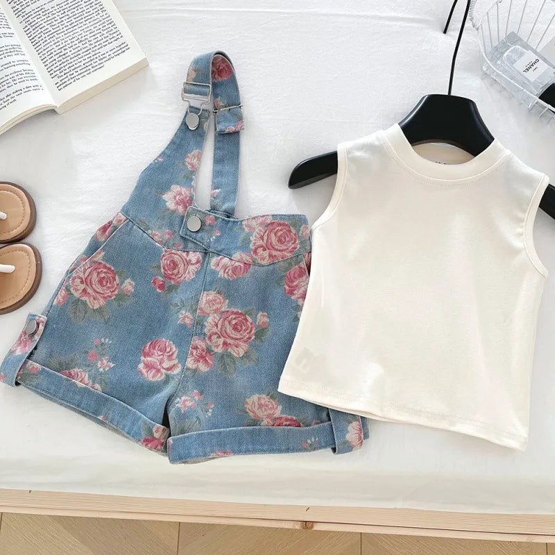 Girls' Clothing Set Sleeveless Top+printed Denim Shorts Two-piece Set for Girls Fashion Suits