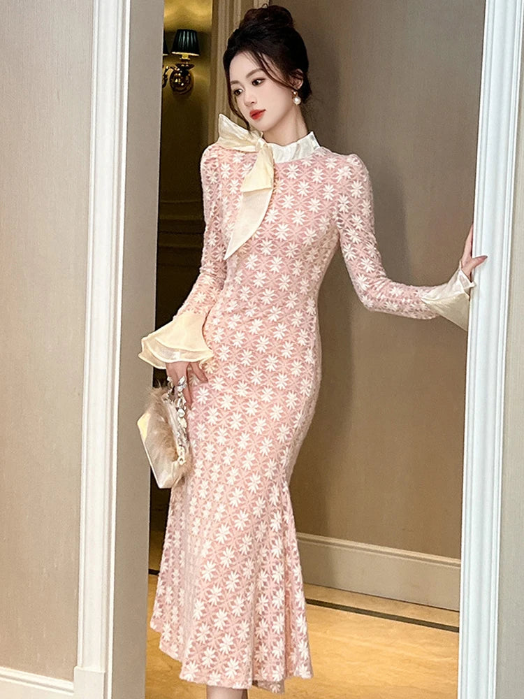 Fashion Gentle Party Dresses Women Clothing Elegant Pink Lace Bow Ruffles Long Fishtail Long Robe Date Banquet Vestidos Mujer