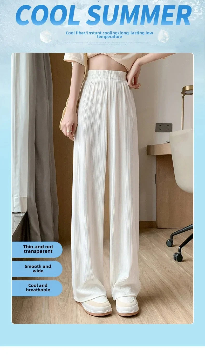 Korea Dongdaemun Ice Silk Wide-leg Pants Women's Thin Slimming Floor Pants White Striped Pants Y2K Fashion Pants Baggy