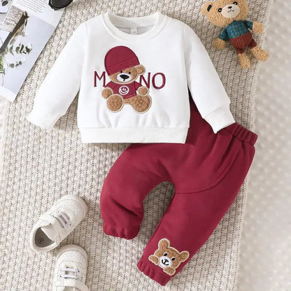 Boys and Girls Autumn and Winter New Cartoon Letter Hat Bear Embroidered Long Sleeve Hoodie Long Pants Two Piece Set