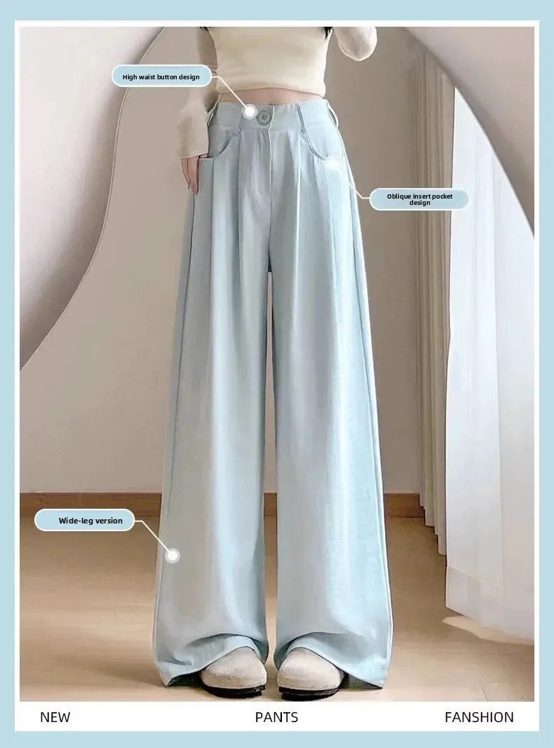 Ice Silk Drapey Wide Leg Pants Women's Summer Thin New Style Beige Color Nine Points Long Trousers Comfortable Fit Female Pants