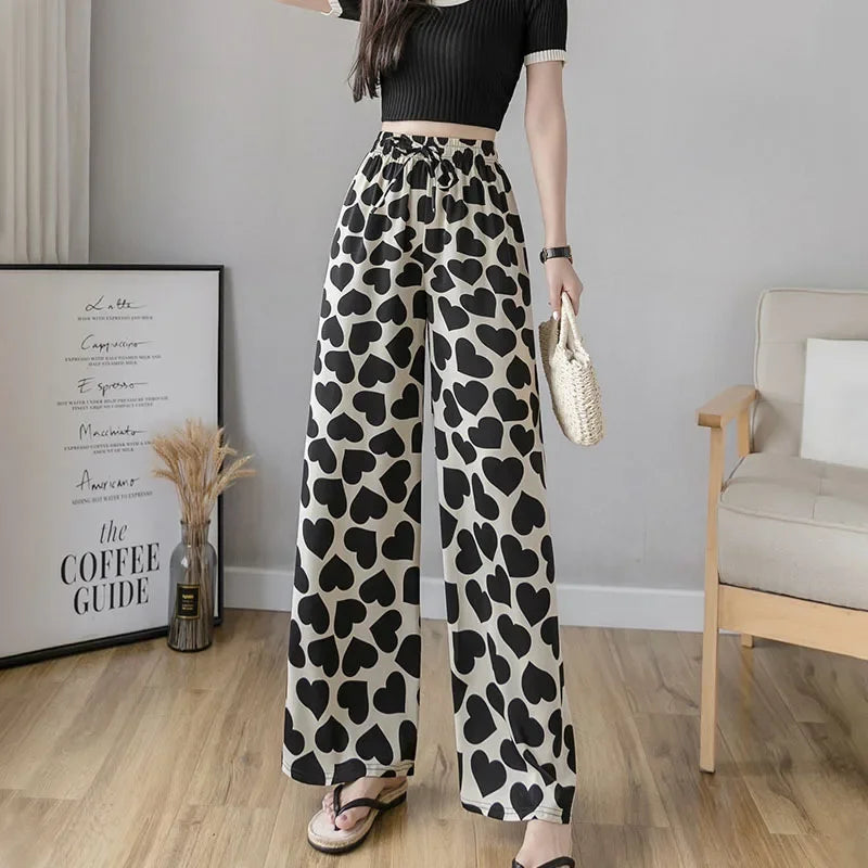Thai Print Heart Wide Leg Pants Women Summer Thin Loose plus Size High Waist Slimming Long Trousers Casual Fashion plus Size