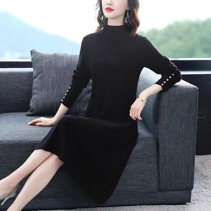 Knitted Coat Dress for Women Autumn Winter Sweater Dress Mid-length Over the Knee Temperament Western Style Inner Layering Skirt