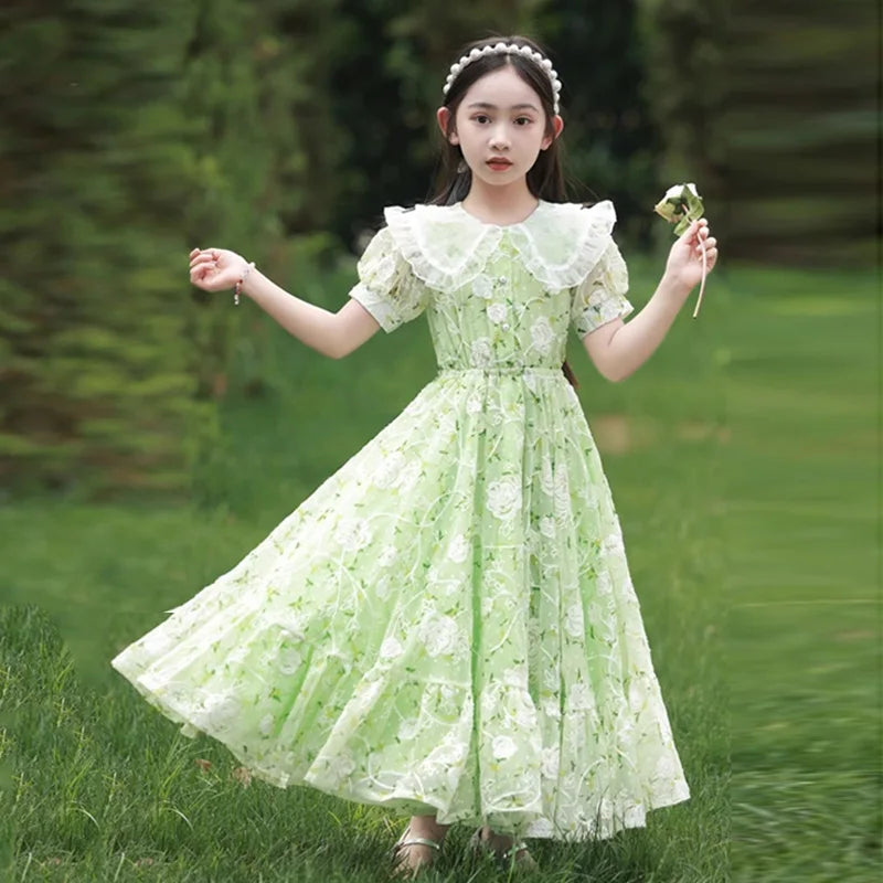 Girls Summer Dresses Children's Princess Gown Big Kids Short-sleeved Dress Teen Girls Peter Pan Collar Clothing