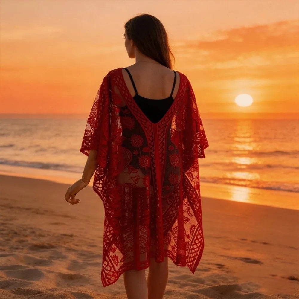 Breathable Lace Mesh Sunscreen Beach Cover Up Plus Size Casual Bohemian Shawl Transparent Floral Swimsuit Cover Up Vacation