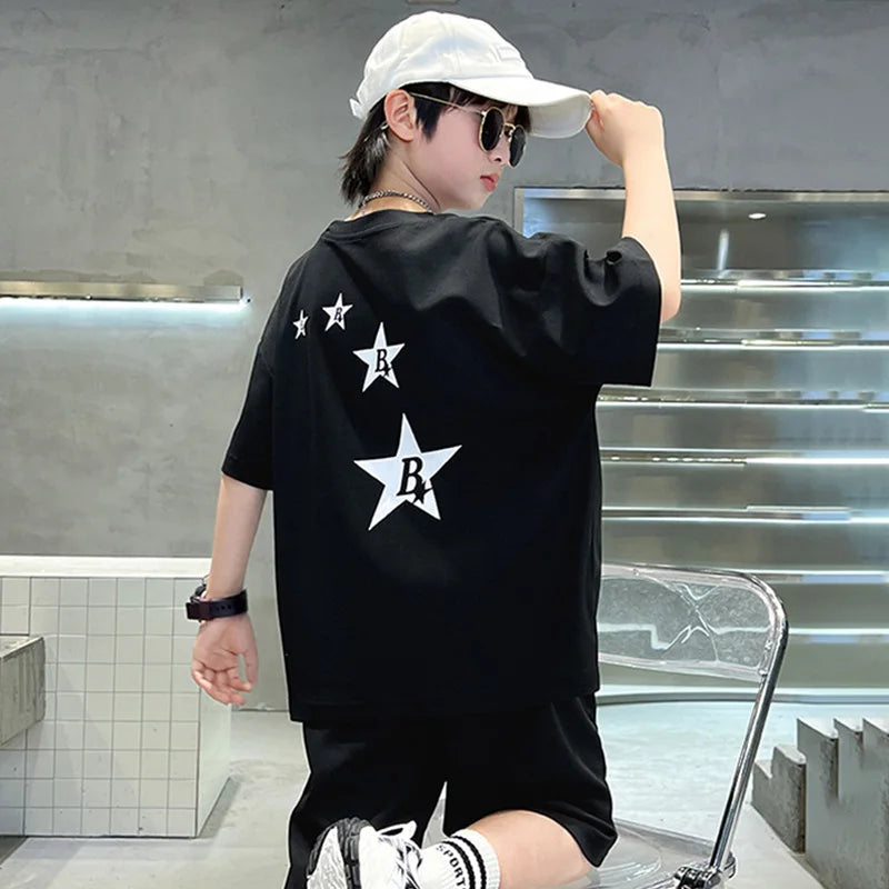 New Summer Teenager Boys Clothing Set Cotton Letter Short Sleeve T-shirt Shorts  Years Kids Tracksuits Child Cloth