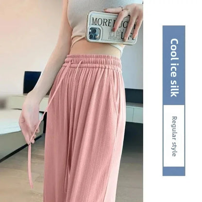 Ice Silk Wide Leg Pants Women's Summer Thin Narrow Version 145 Small Size Drape Straight High Waist Stripe Casual Trousers 150